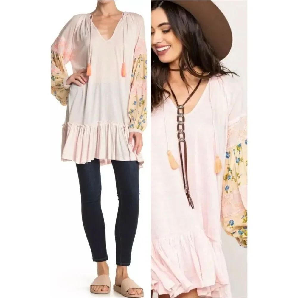 Anthropologire Free People Mix it Up  tunic dress pale pink contrast sleeves sz
